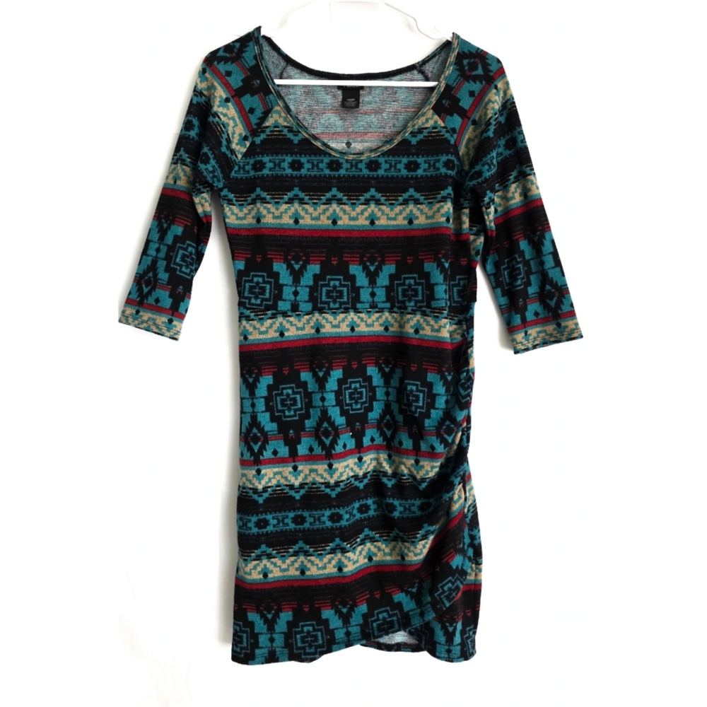 Rue21 Aztec Tribal Print V-Neck Teal & Black Knit Dress L